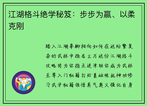 江湖格斗绝学秘笈：步步为赢、以柔克刚