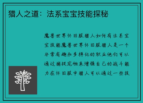 猎人之道：法系宝宝技能探秘